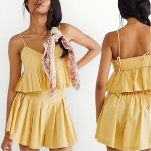 Free People Yellow Miki Top Cropped Pleated Adjustable Straps Size Large